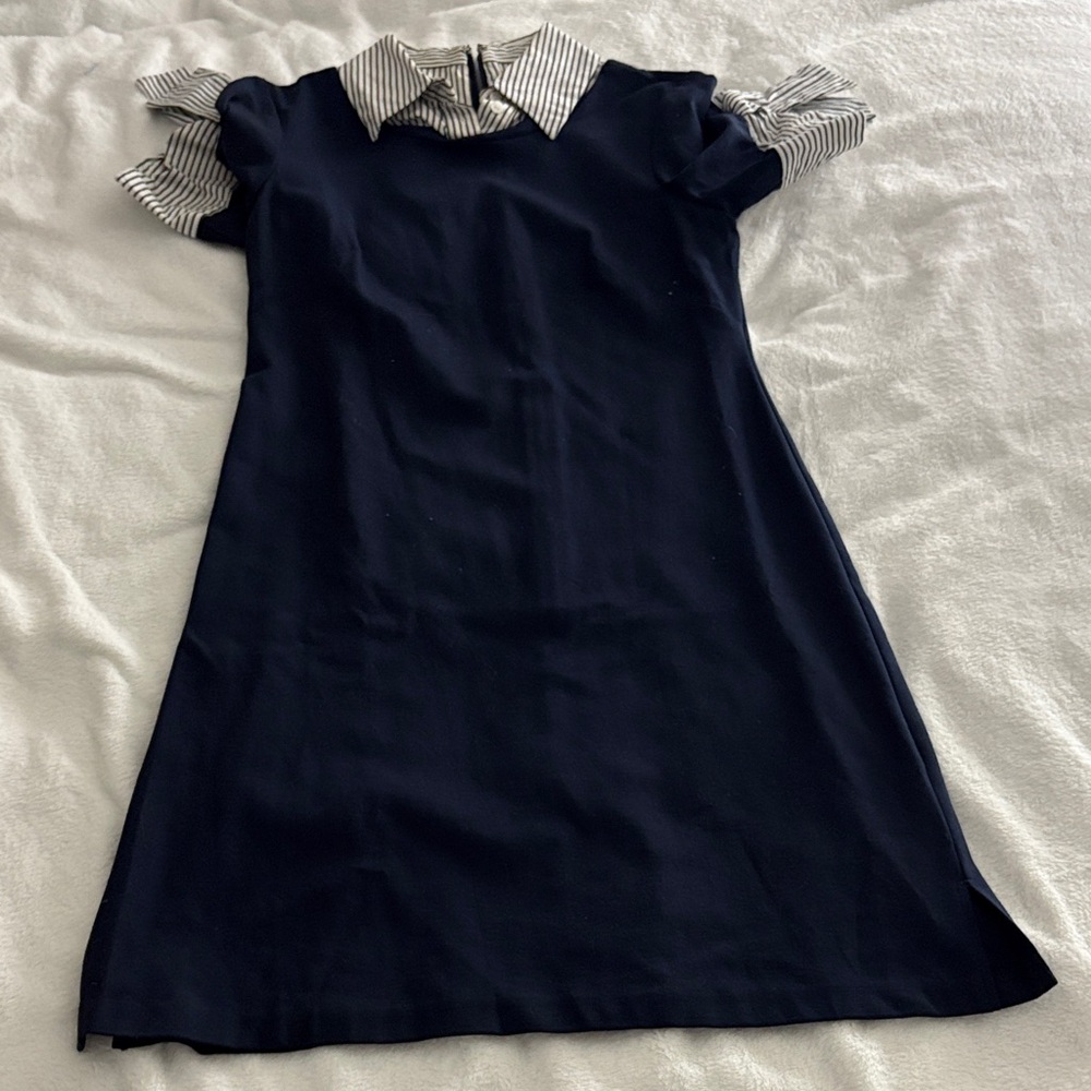 1901 Navy Dress with Striped Details